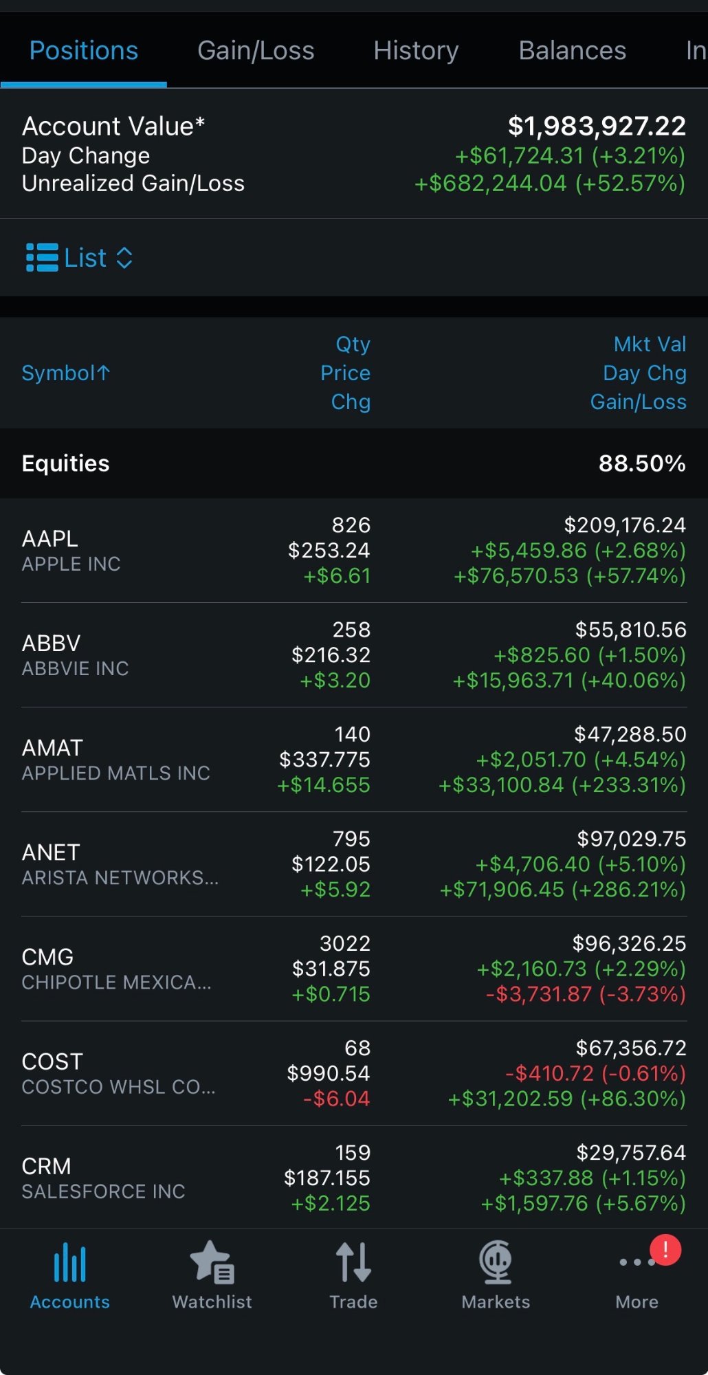 Schwab mobile app - positions and holdings